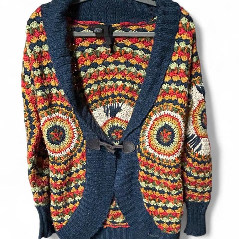 Large Desigual relaxed colorful crocheted boho long cardigan knit hippie teacher